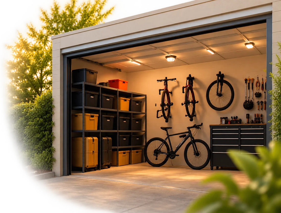 A tidy garage set up for storage, with shelved boxes and bikes